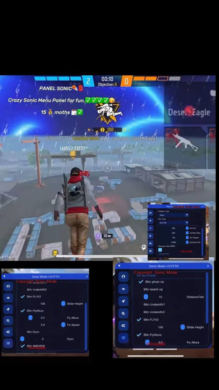 Gameplay screenshot of a first-person shooter game showing player character, HUD with menu overlays, and game statistics panel