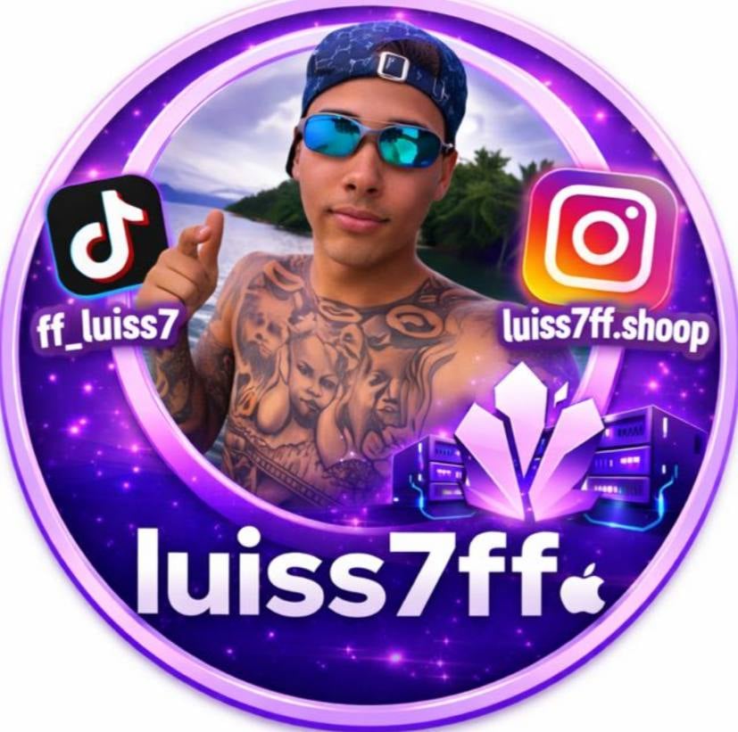 Social media profile badge with tattooed man wearing sunglasses and cap, displaying TikTok and Instagram handles luiss7ff against purple neon background