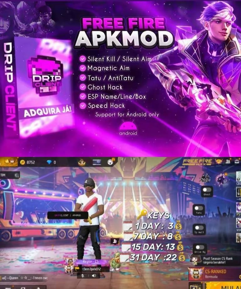 Free Fire APK mod promotional image showing hacks like silent kill and speed hack for Android, with neon purple gaming graphics