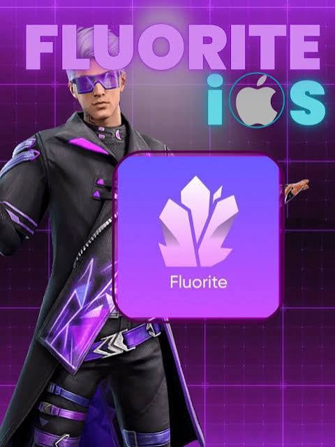 Futuristic character in black and purple outfit wearing sunglasses next to Fluorite iOS app logo on purple grid background