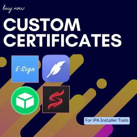 Promotional graphic for custom certificates with logos for E-Sign, feather icon, 3D box, and S symbol, labeled for IPA Installer Tools