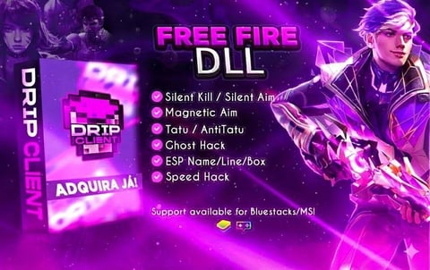 Free Fire DLL cheat menu advertisement featuring Silent Kill, Magnetic Aim, and other hacks with purple gaming aesthetic